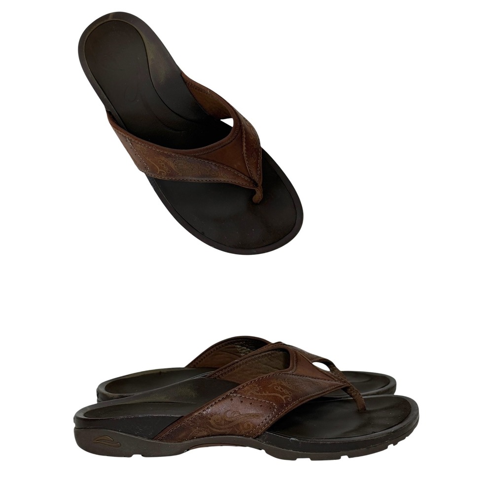Abeo BIOsystem Women's 7 Brown Leather Paisley Orthotic Thong Sandals Flip Flops